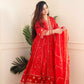 Red Regal Elegance: Heavy Reyon Mill Foil Print Suit Set with Lace Dupatta