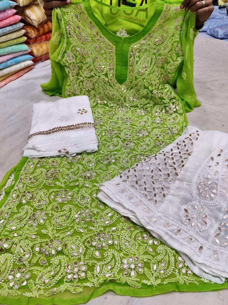 Green Georgette Gotta Patti Kurti Sharara Salwar Suits Online India