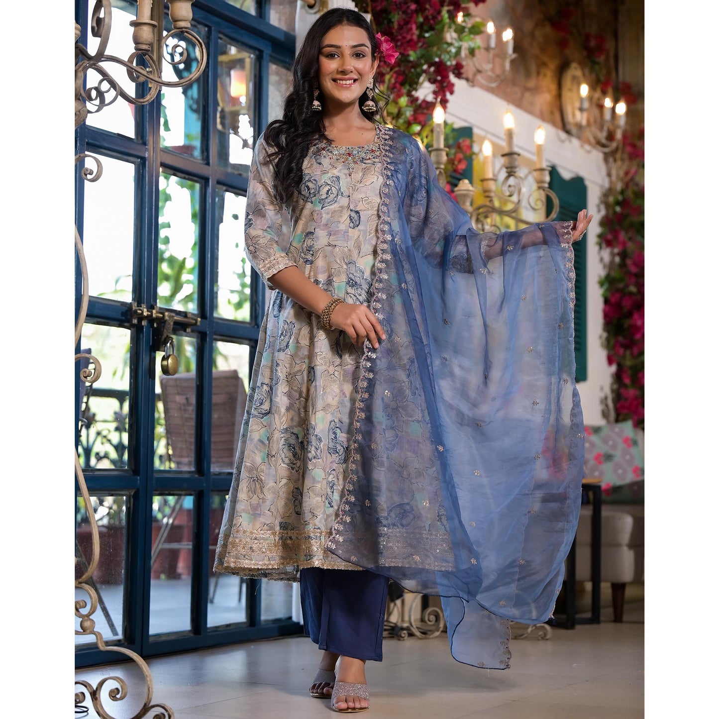 Chikoo & Blue Floral Foil Printed Mulmul Cotton Anarkali Salwar Suit