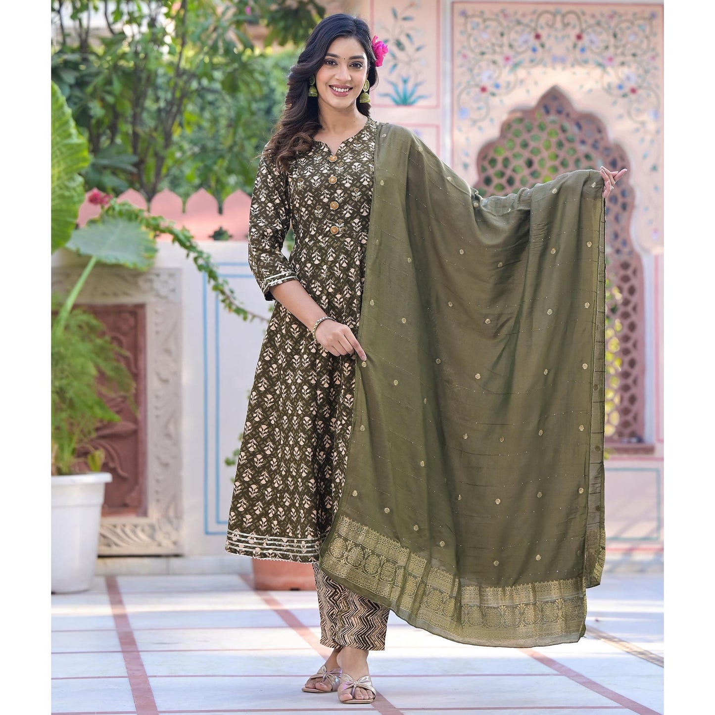 Green Floral Printed Pure Cotton Anarkali Salwar Suit