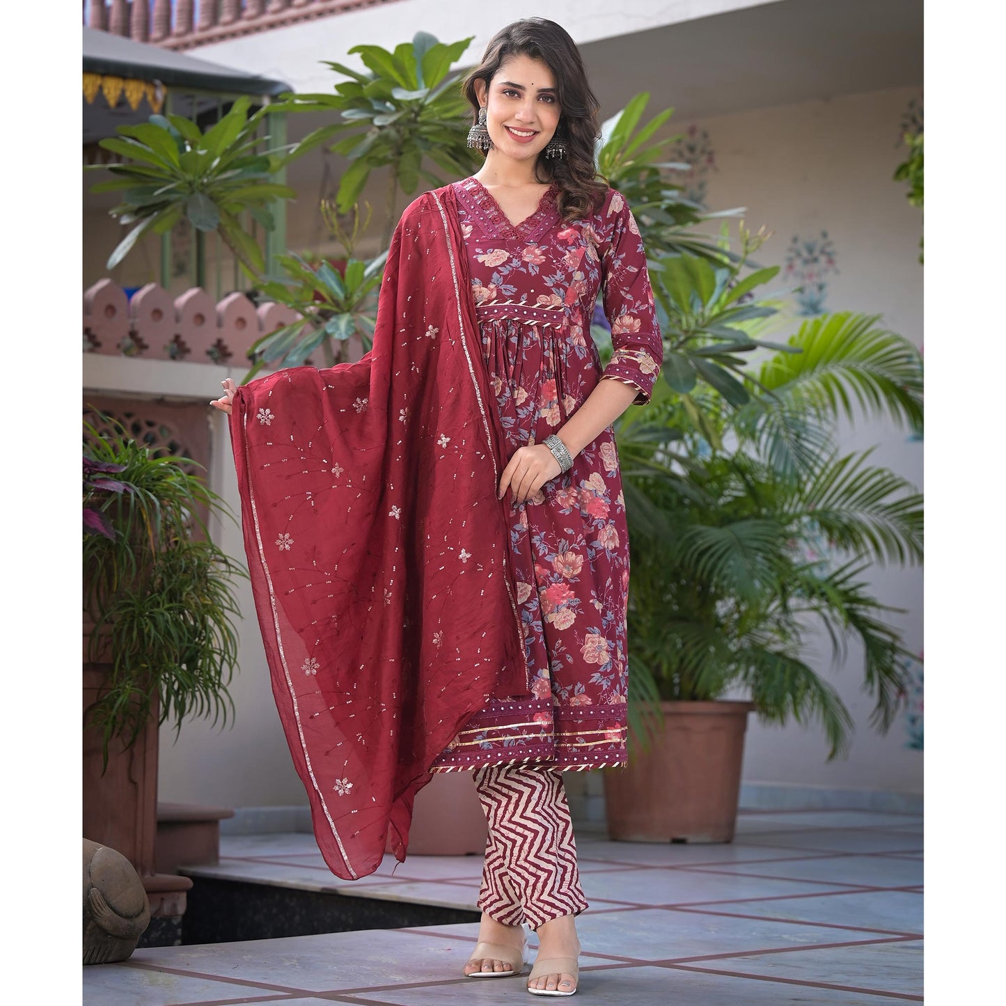 Maroon Floral Printed Pure Cotton Anarkali Salwar Suit