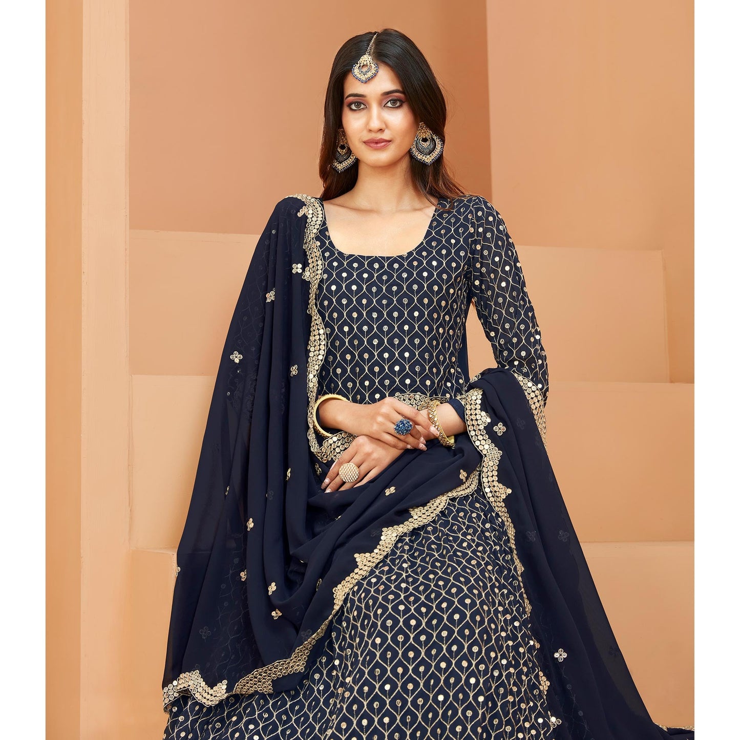 Blue Sequins Embroidered Georgette Semi Stitched Anarkali Suit