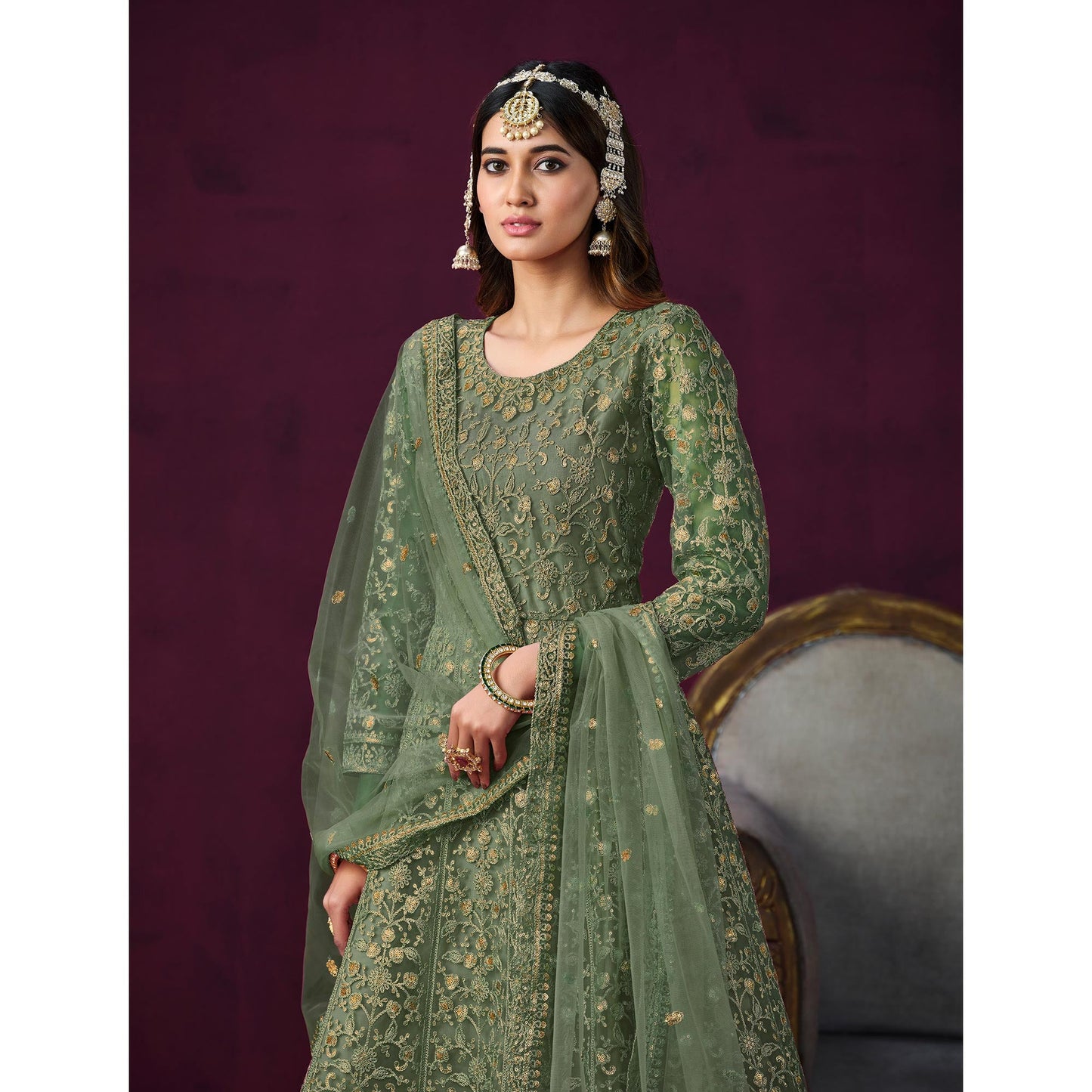 Green Floral Embroidered Net Semi Stitched Anarkali Suit