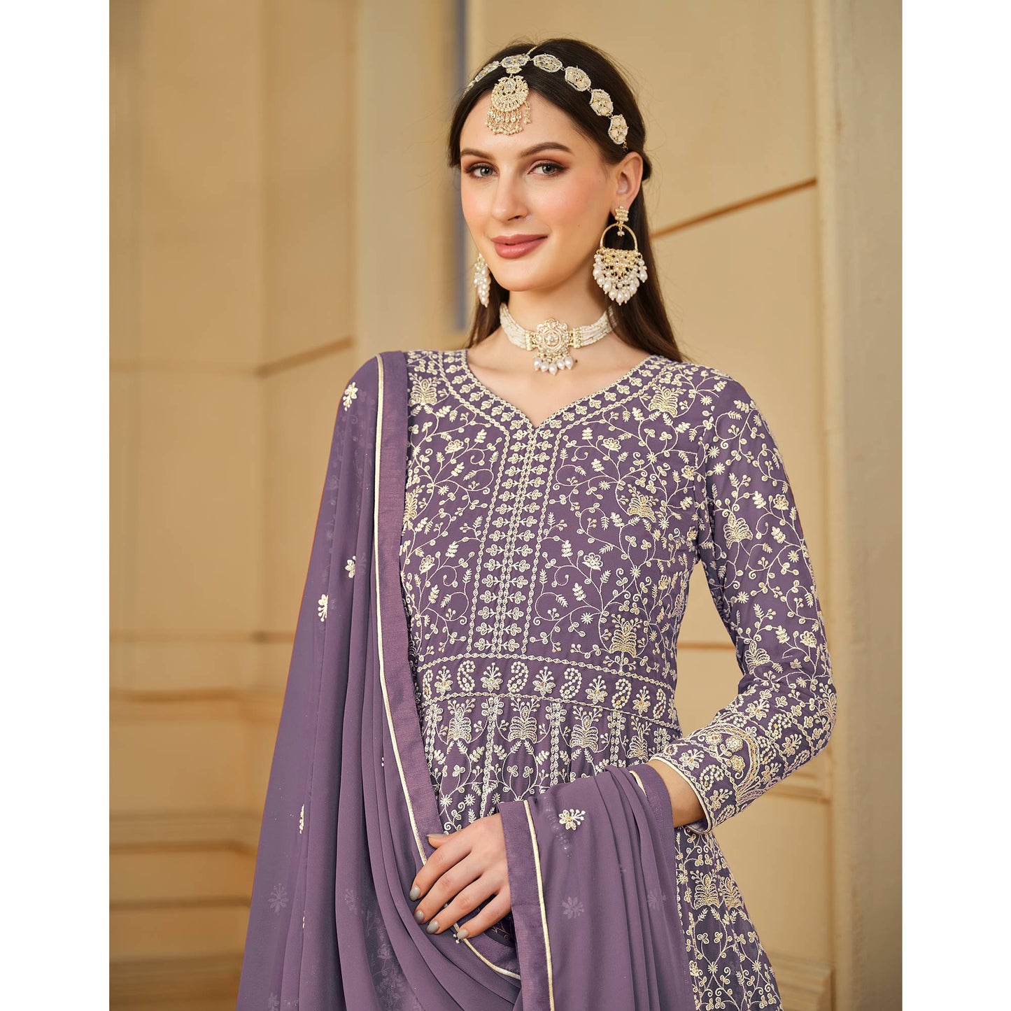 Purple Floral Embroidered Georgette Semi Stitched Anarkali Suit