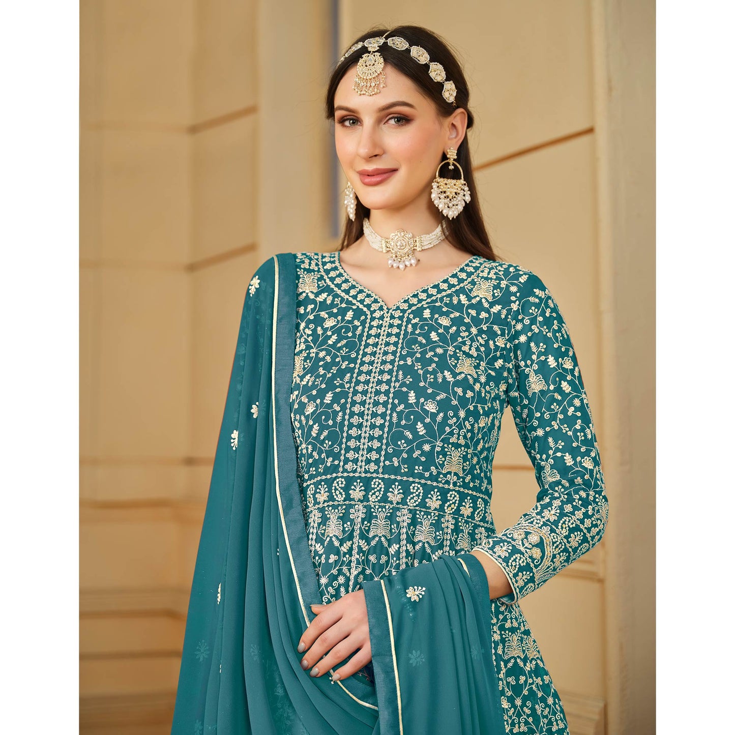 Rama Blue Floral Embroidered Georgette Semi Stitched Anarkali Suit