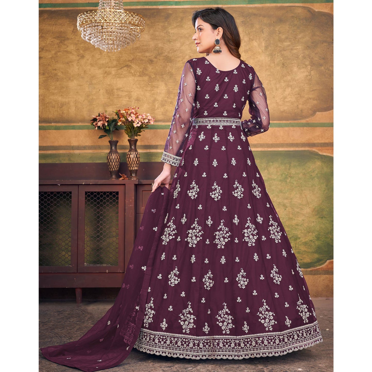 Purple Embroidered Net Semi Stitched Anarkali Suit