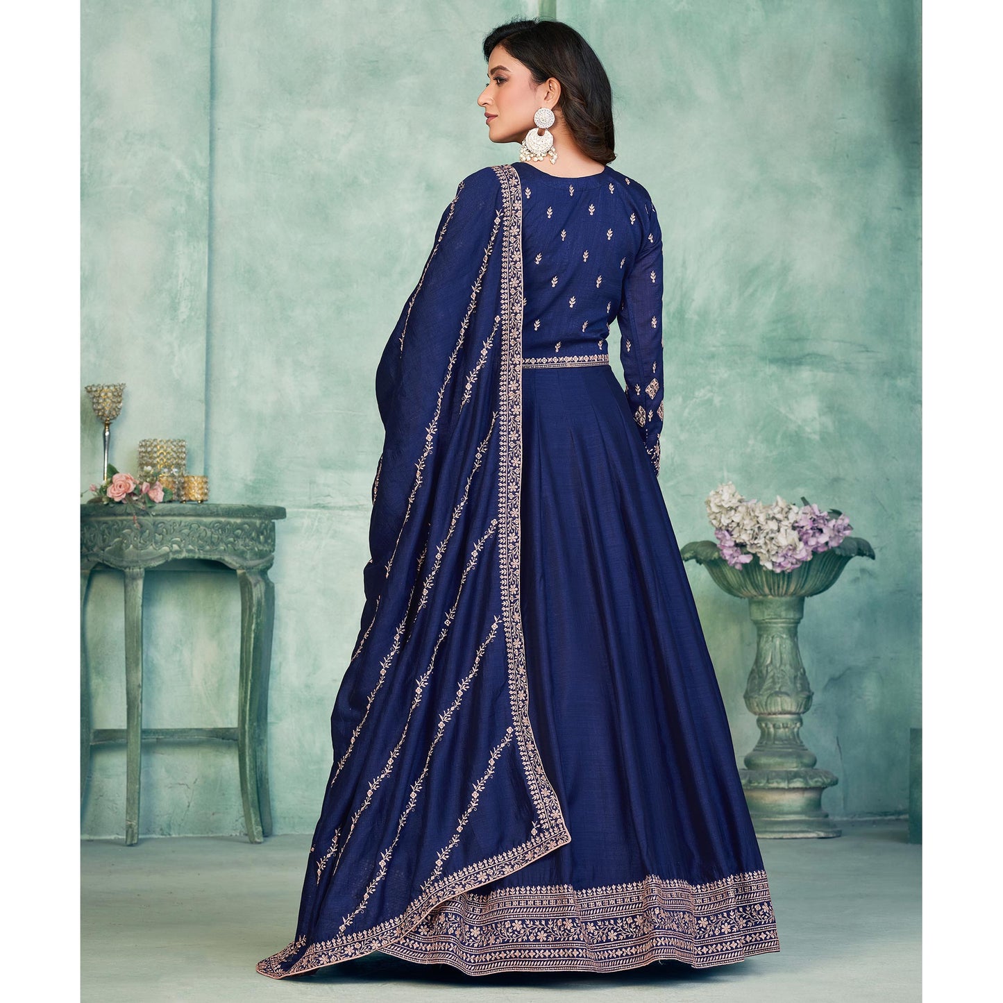 Blue Embroidered Art Silk Semi Stitched Anarkali Suit