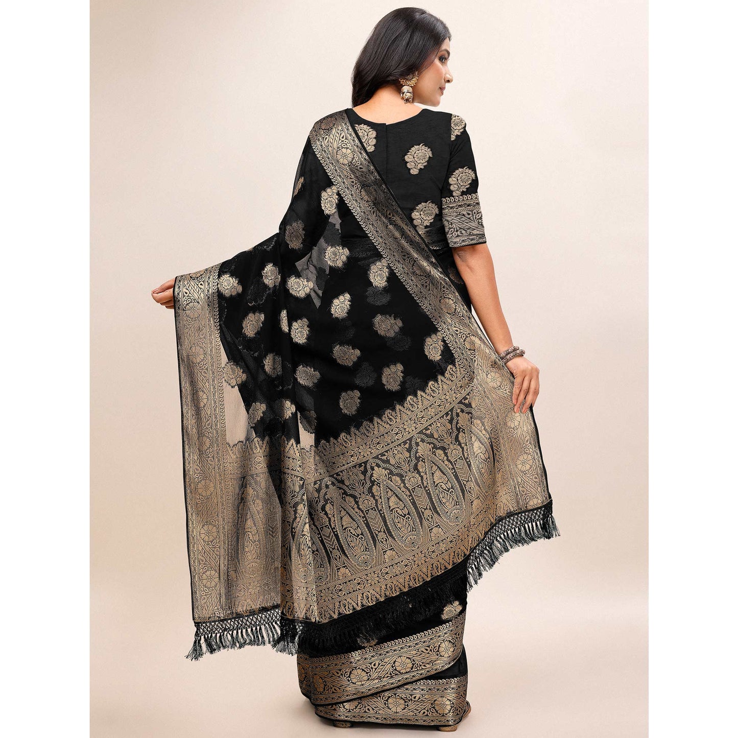 Black Woven Chiffon Saree With Tassels