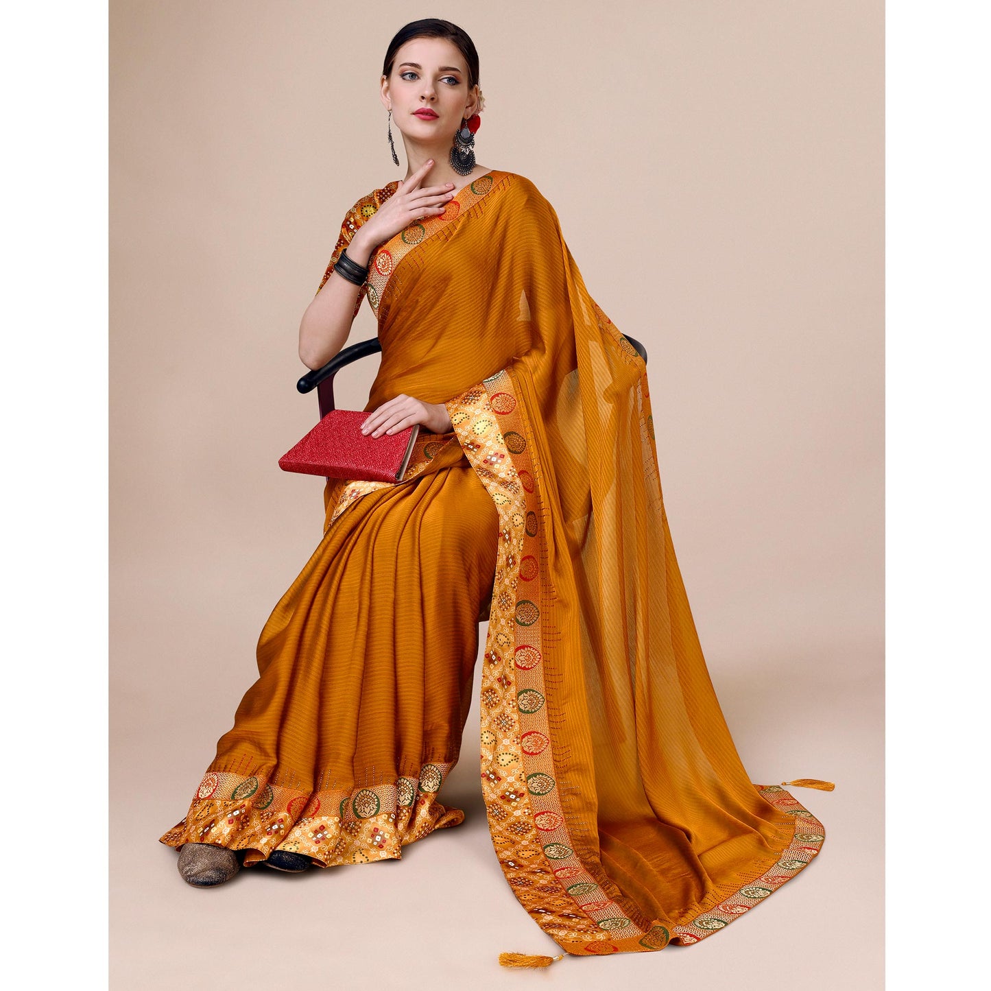 Mustard Swarovski With Bandhani Printed Border Art Silk Saree