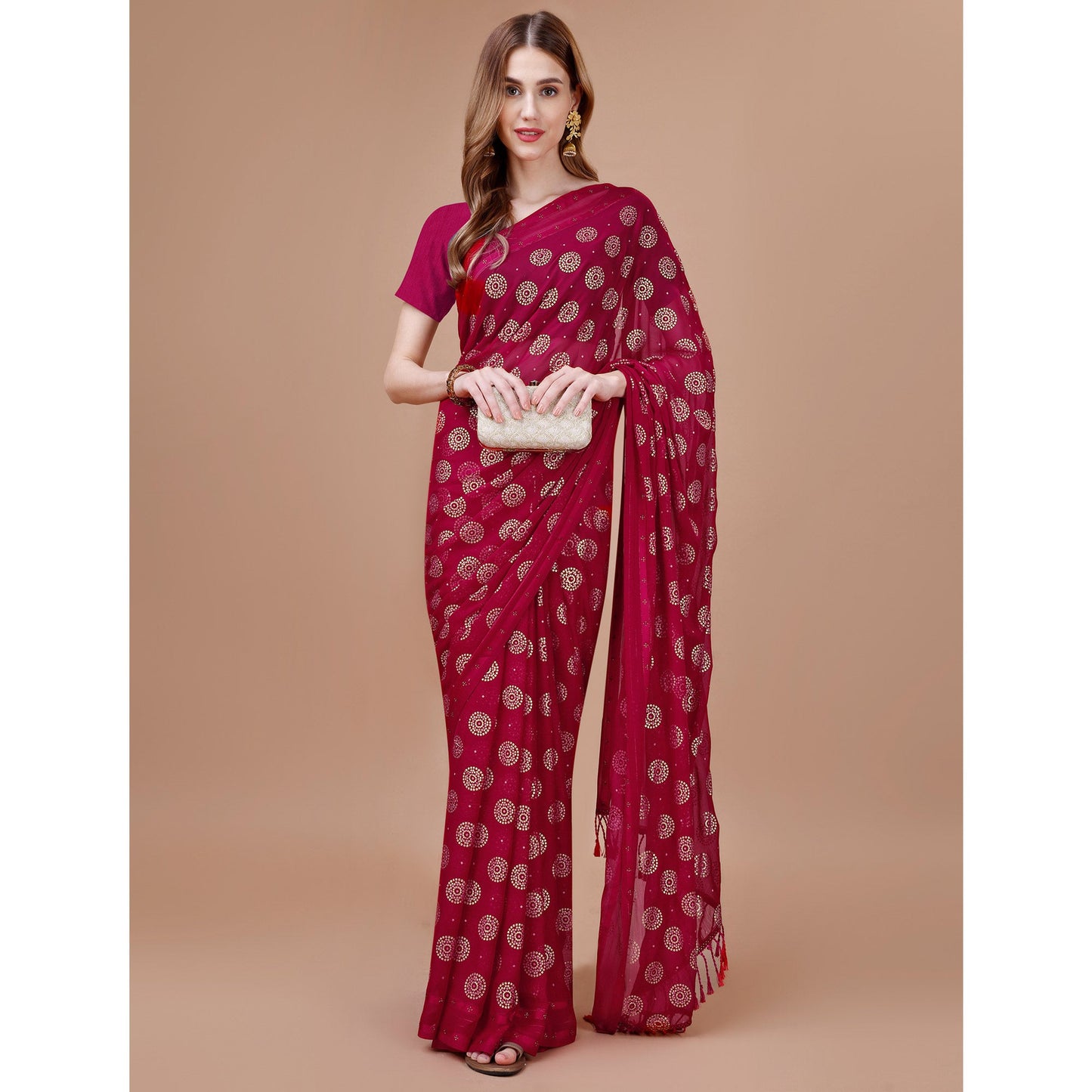 Magenta Foil Printed Chiffon Saree With Tassels