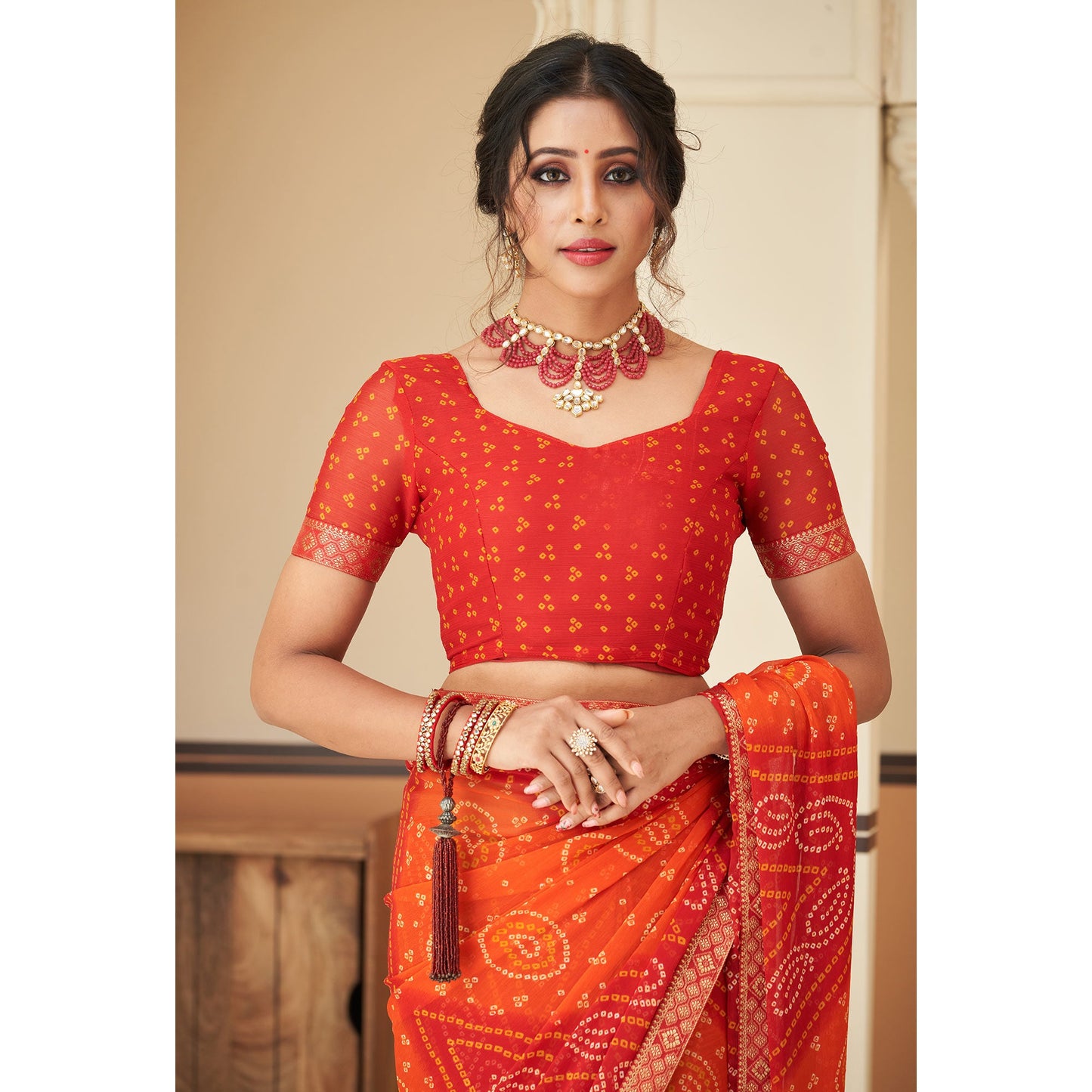 Red & Orange Bandhani Printed Chiffon Saree With Lace Border