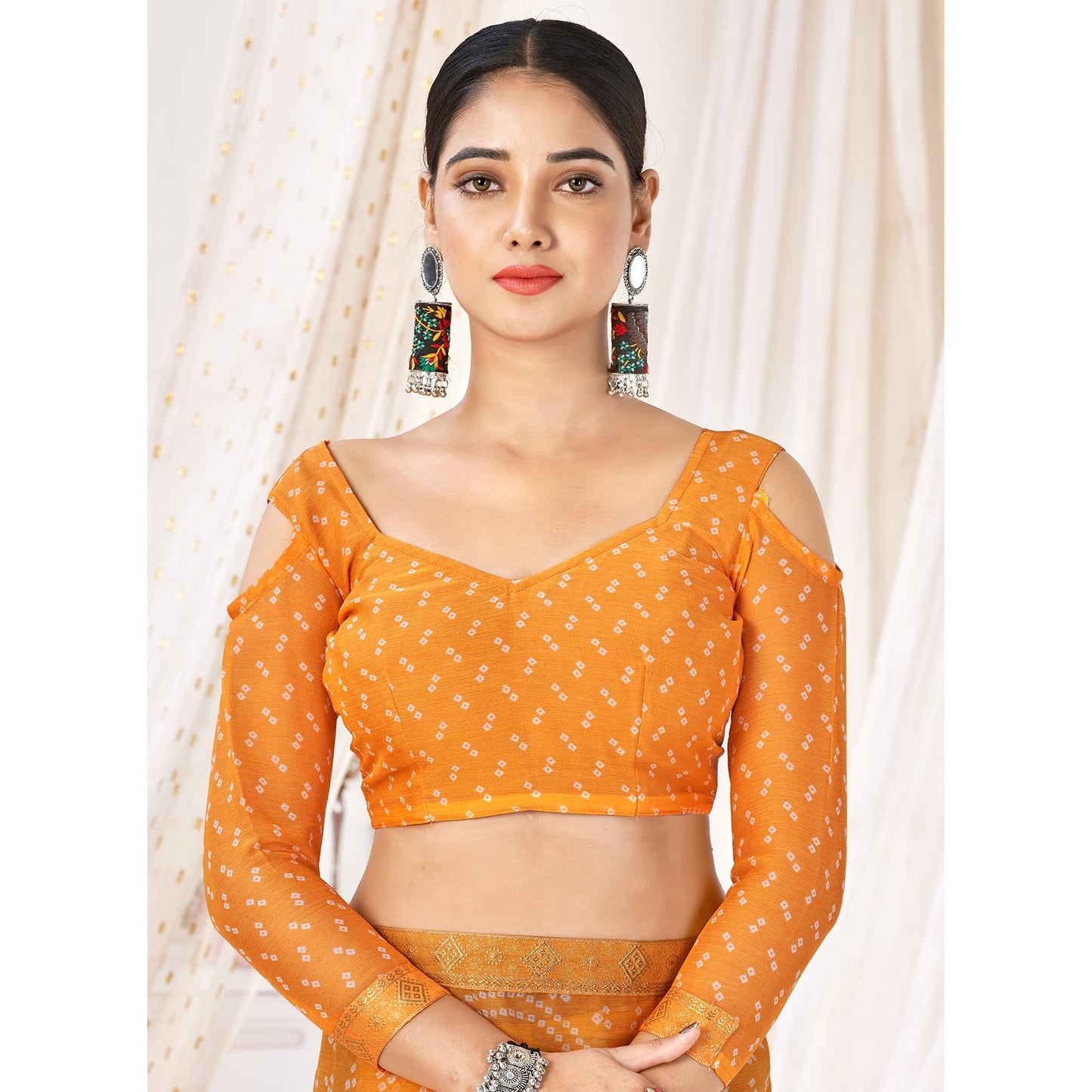 Orange Bandhani Printed Chiffon Saree