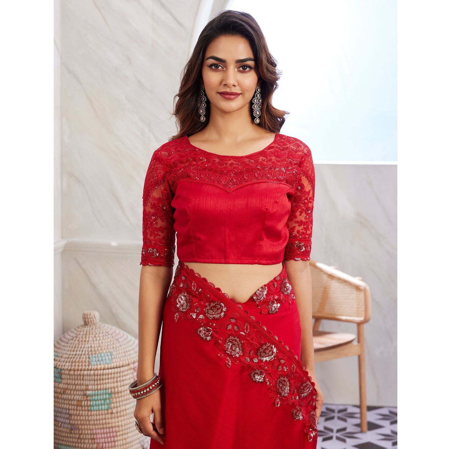 Cherry Red Floral Sequins Embroidered Chiffon Saree