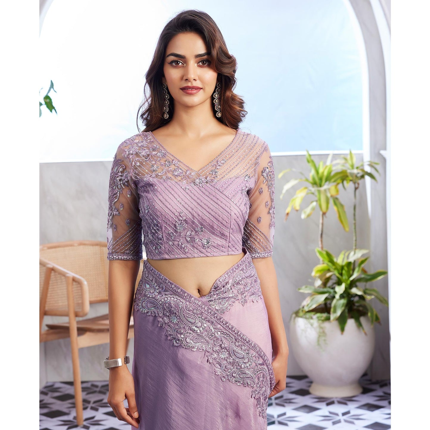 Lavender Floral Sequins Embroidered Georgette Saree