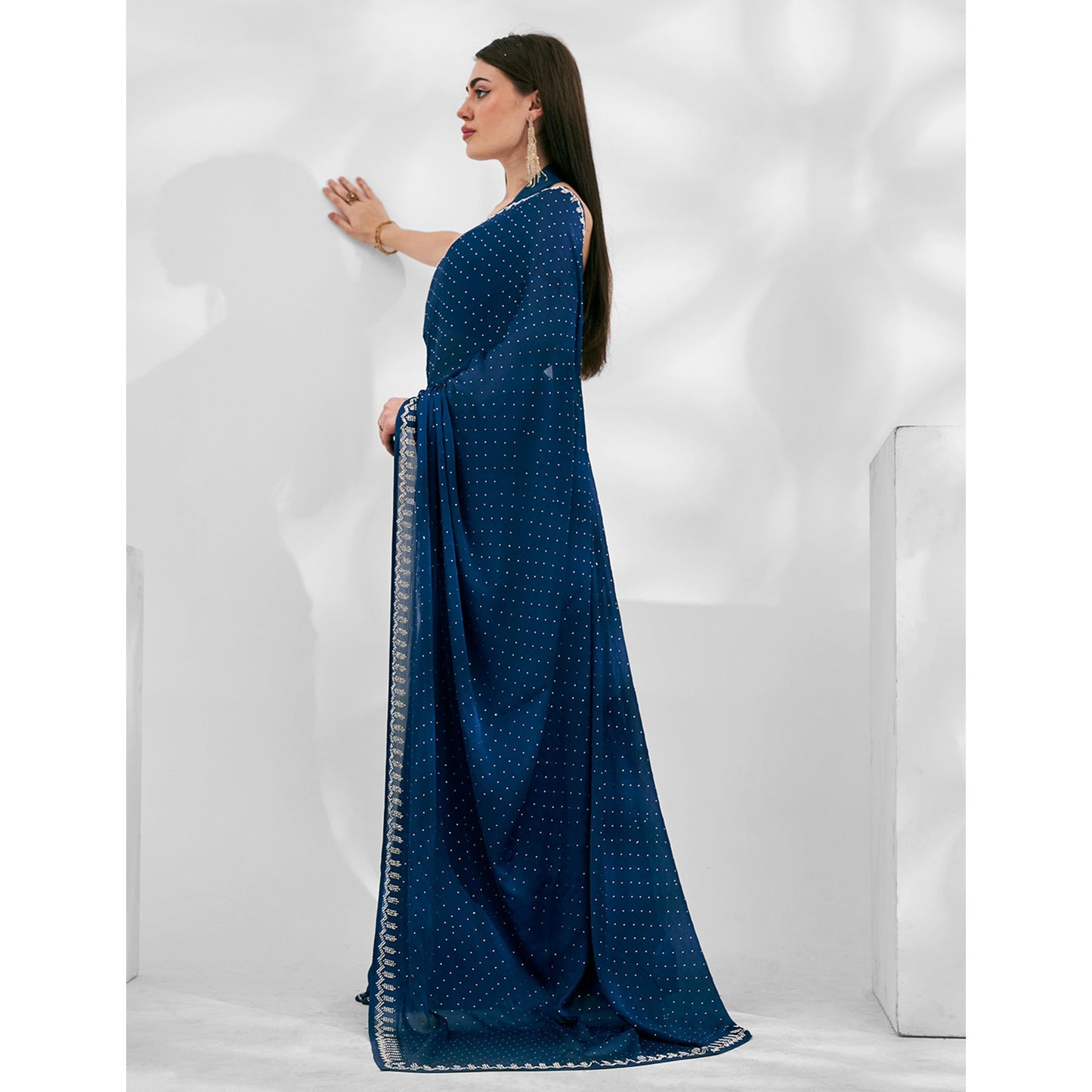 Blue Embroidered Beads & Stones Chiffon Saree