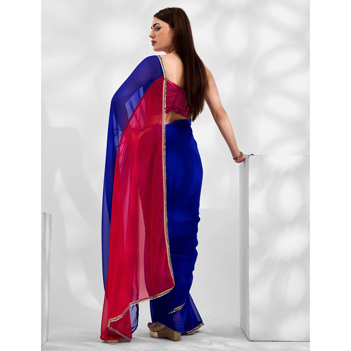 Blue & Pink Solid Georgette Designer Saree