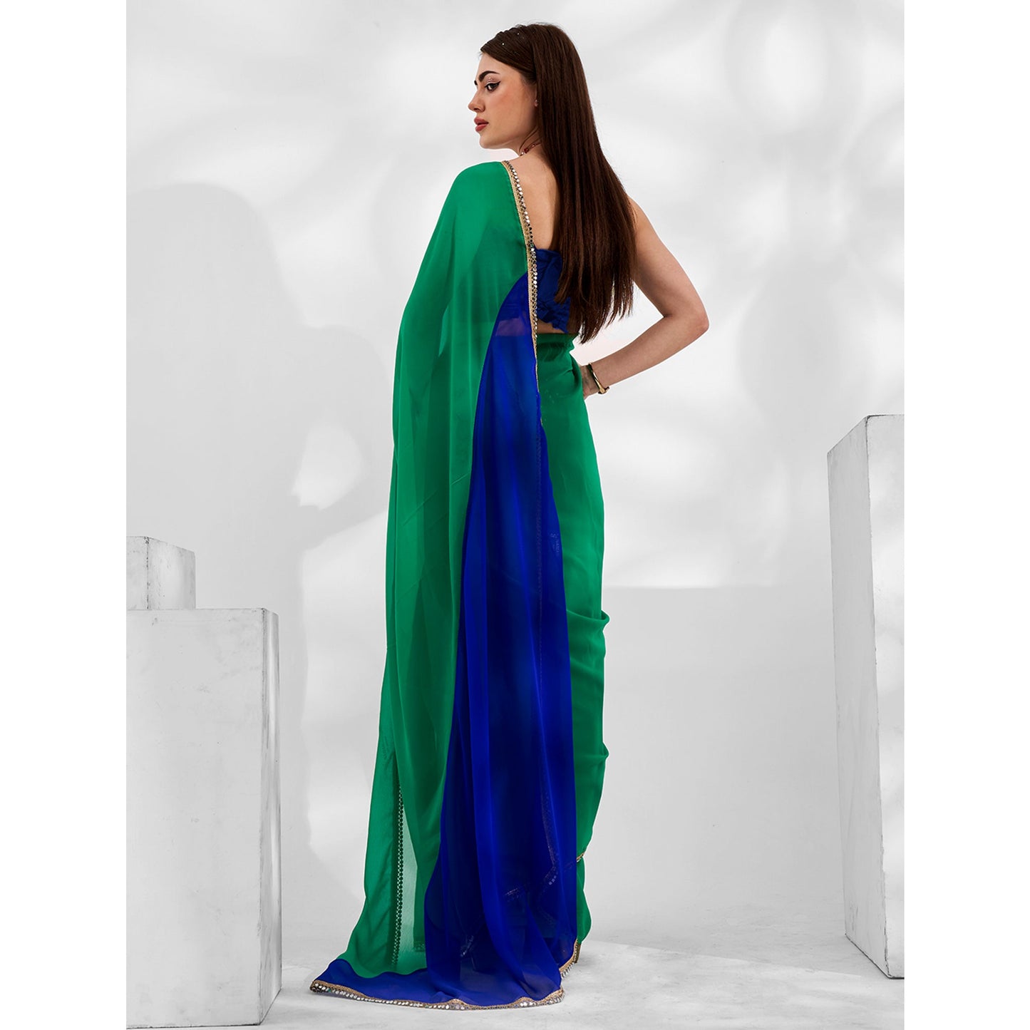 Green & Blue Solid Georgette Designer Saree