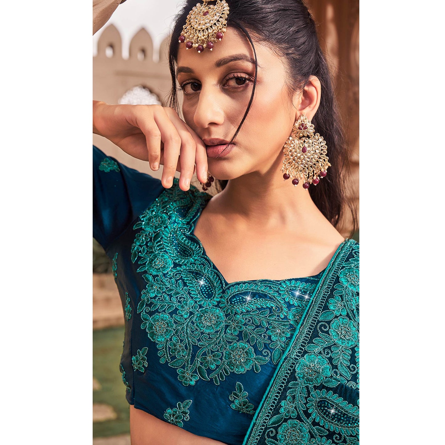 Teal Solid With Embroidered Border Chiffon Saree