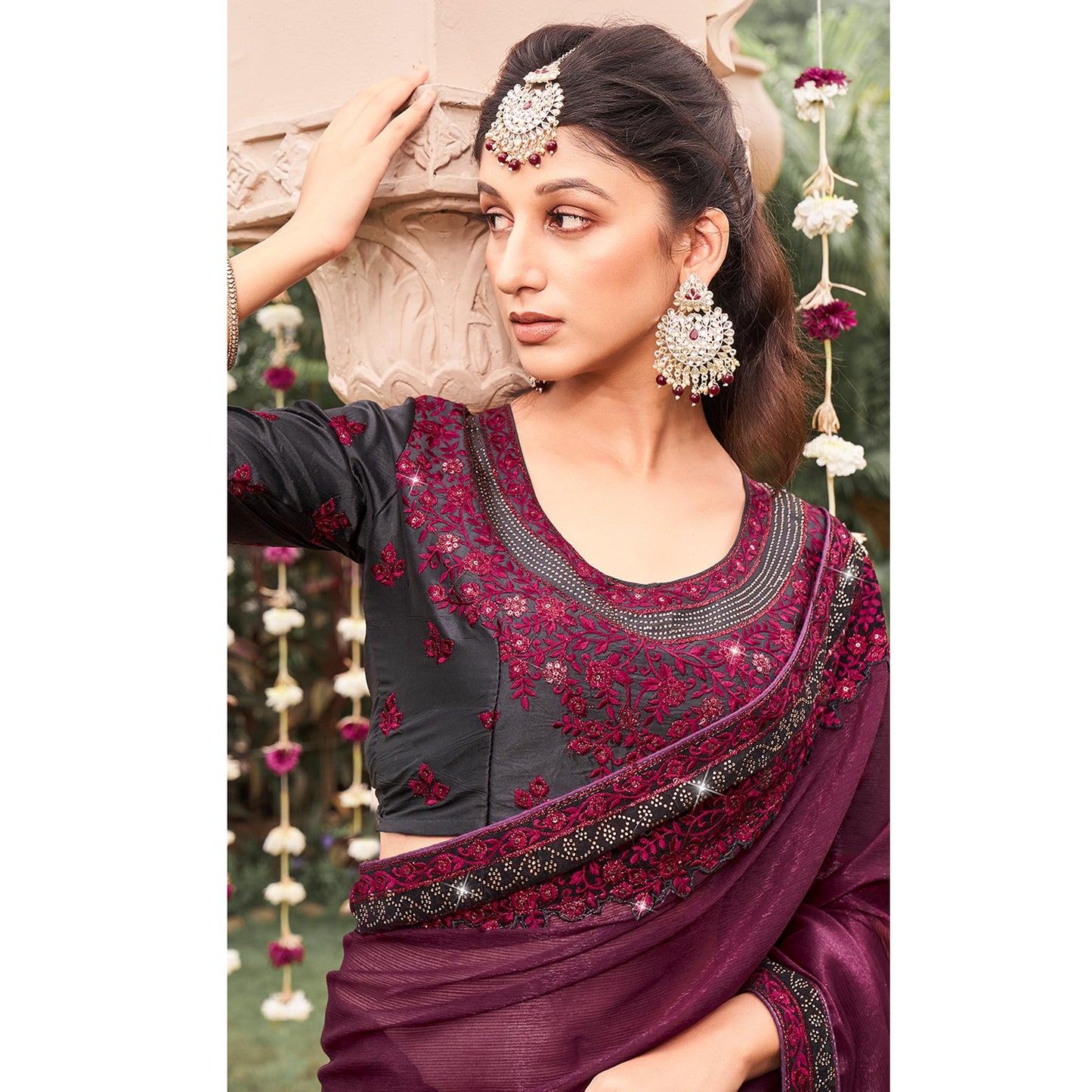 Wine Solid With Embroidered Border Chiffon Saree