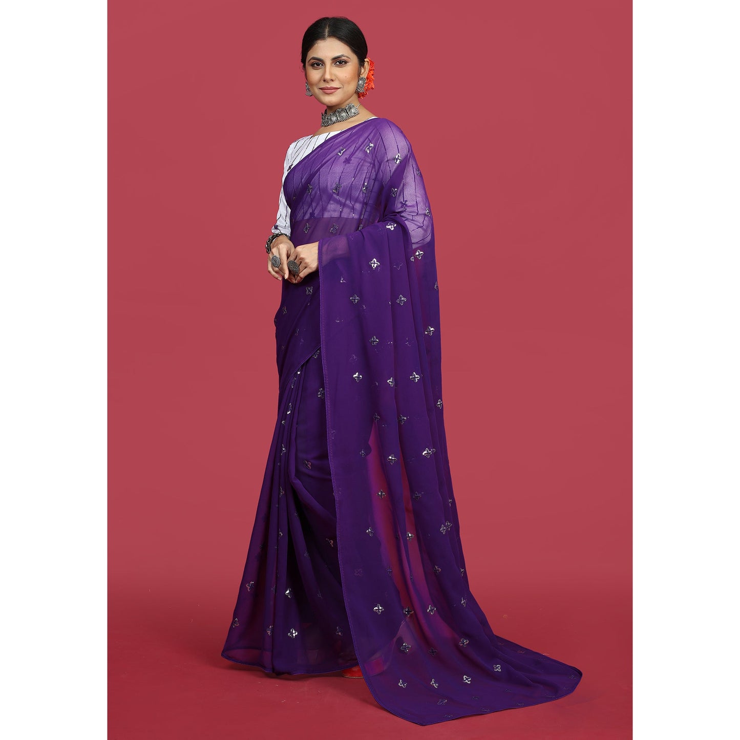 Purple Sequins Embroidered Georgette Saree