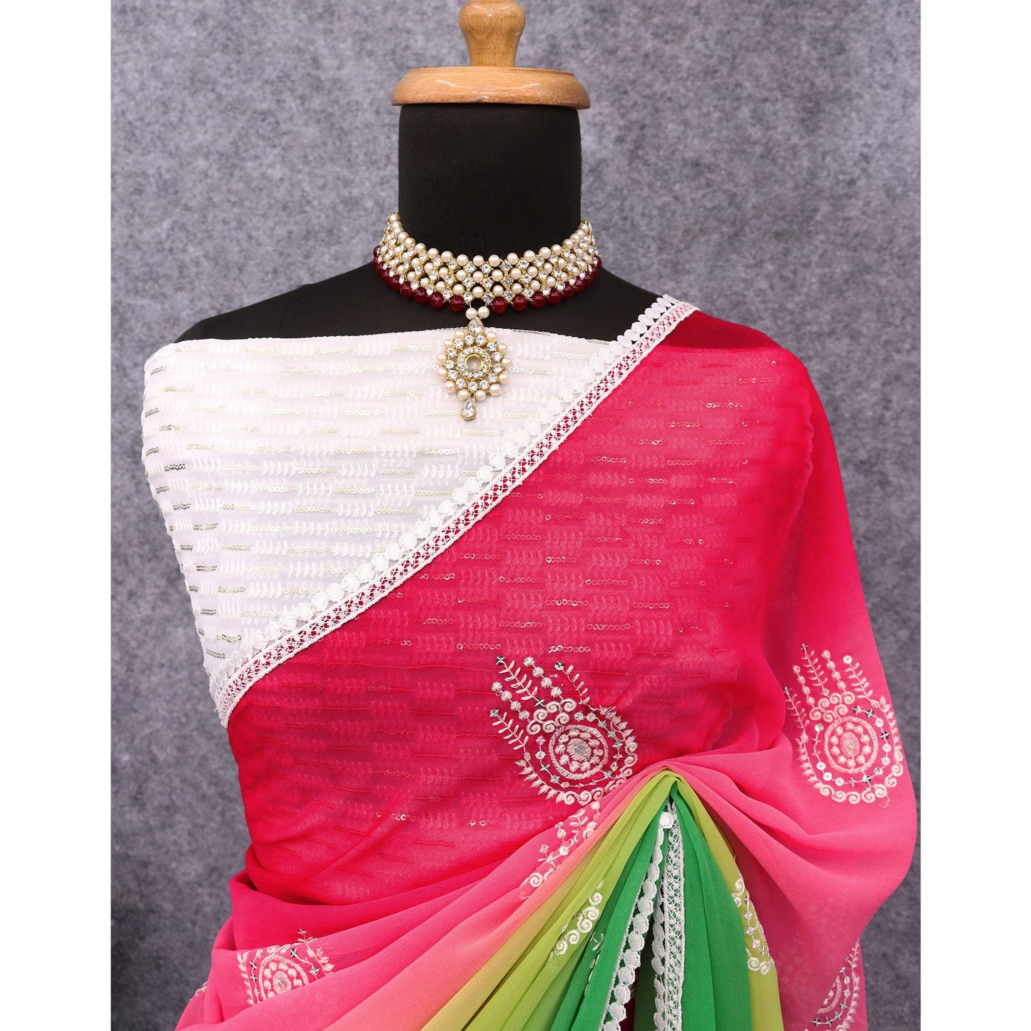 Pink & Green Sequins Embroidered Georgette Saree