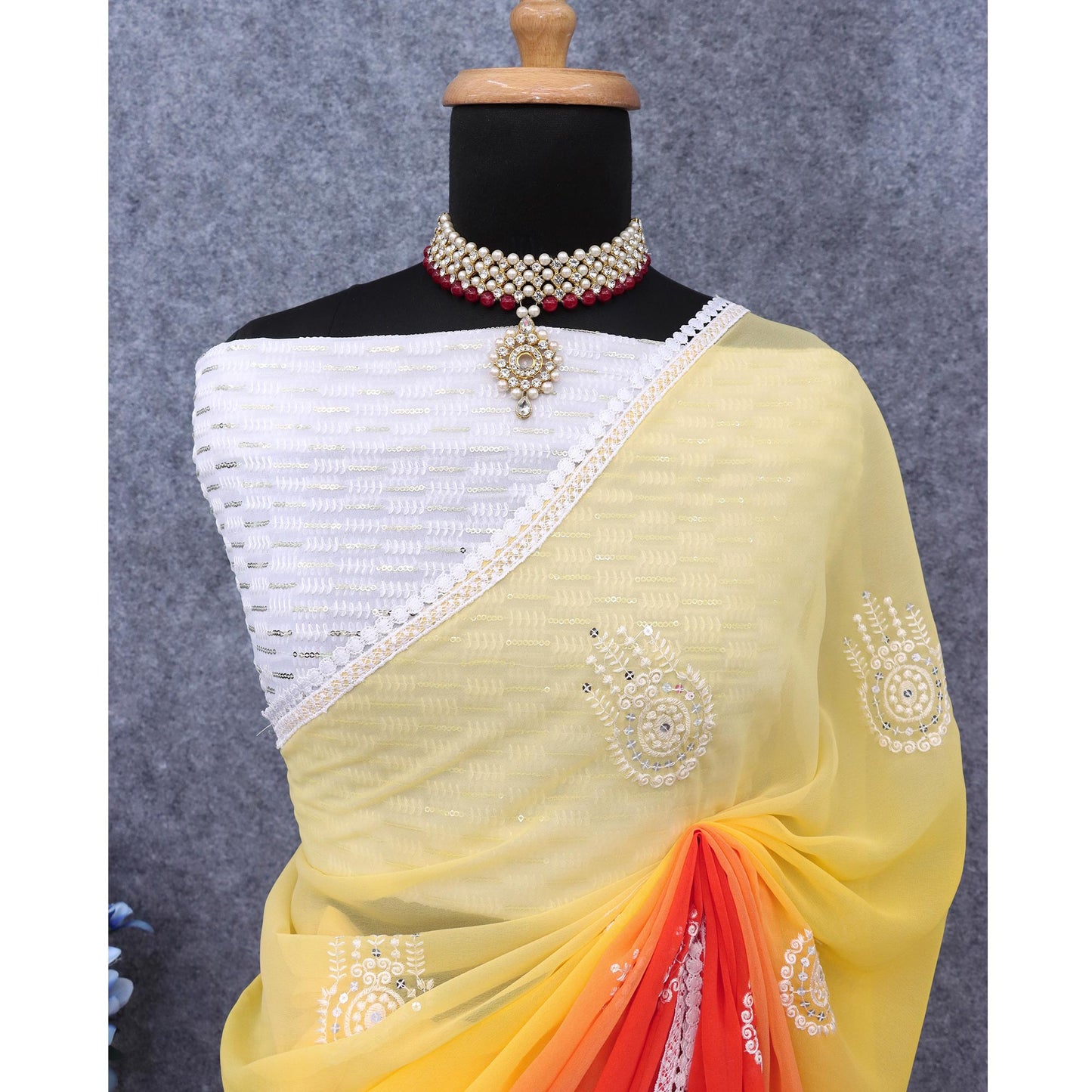 Yellow & Orange Sequins Embroidered Georgette Saree