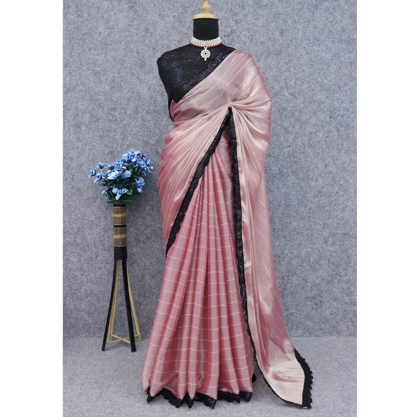 Pink Sequins Embroidered Chiffon Saree