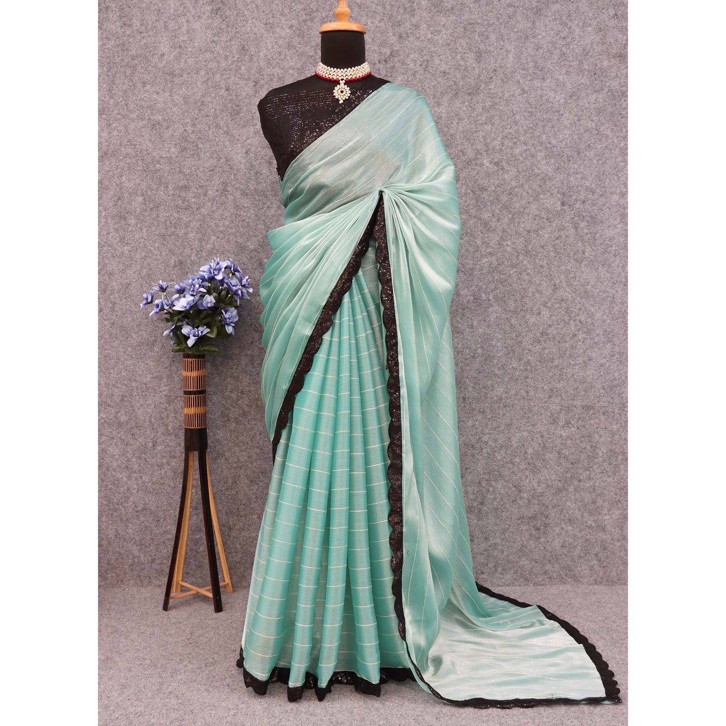 Turquoise Sequins Embroidered Chiffon Saree