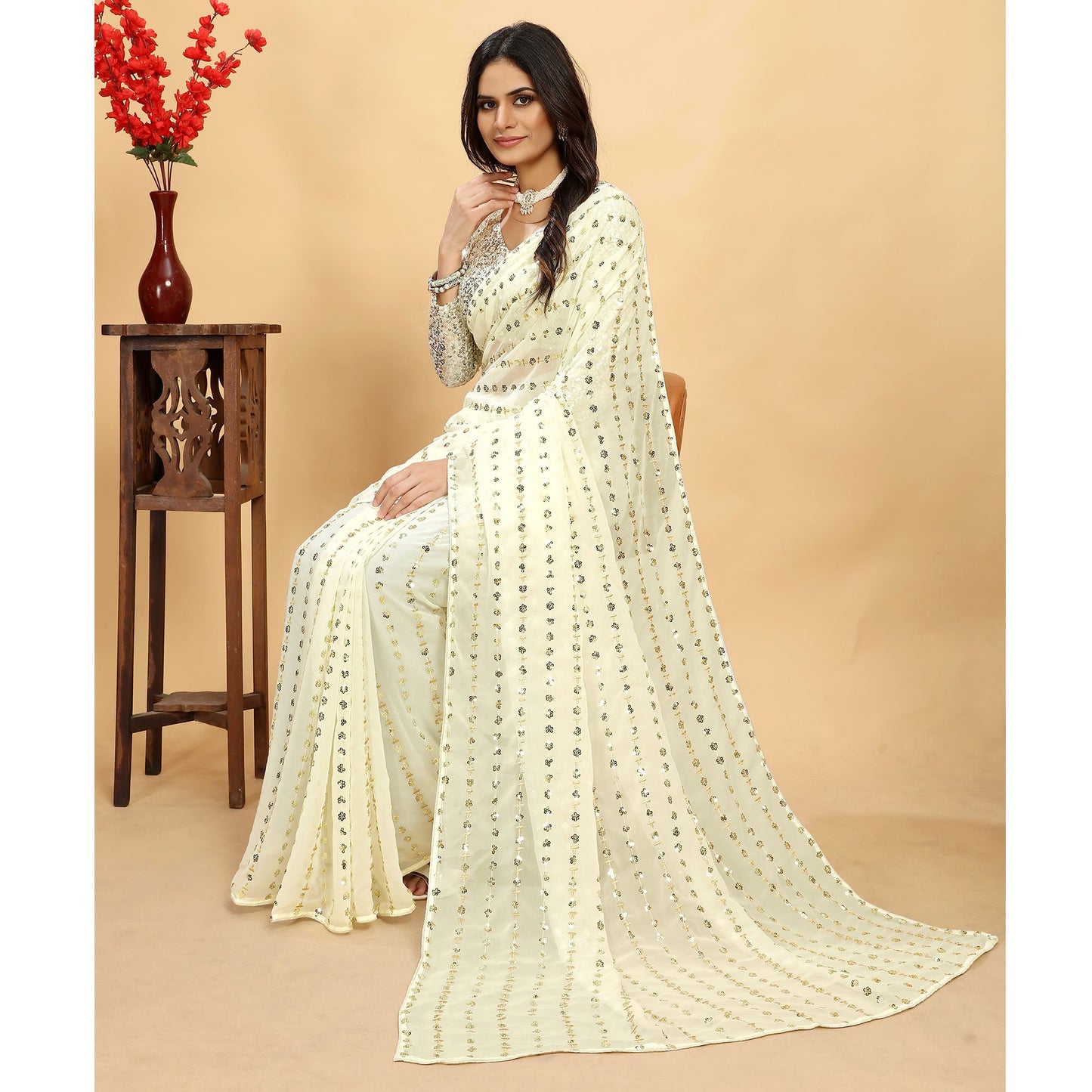 Off White Sequins Embroidered Georgette Saree