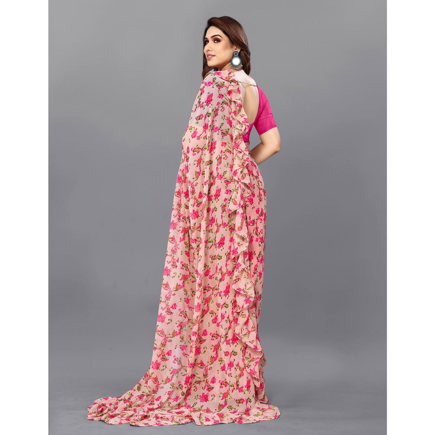 Peach Floral Printed Georgette Saree