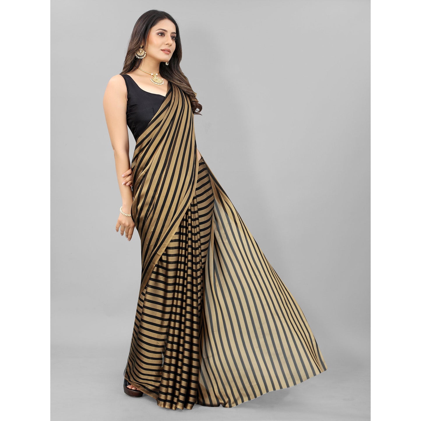 Gold Striped Printed Art Silk Saree