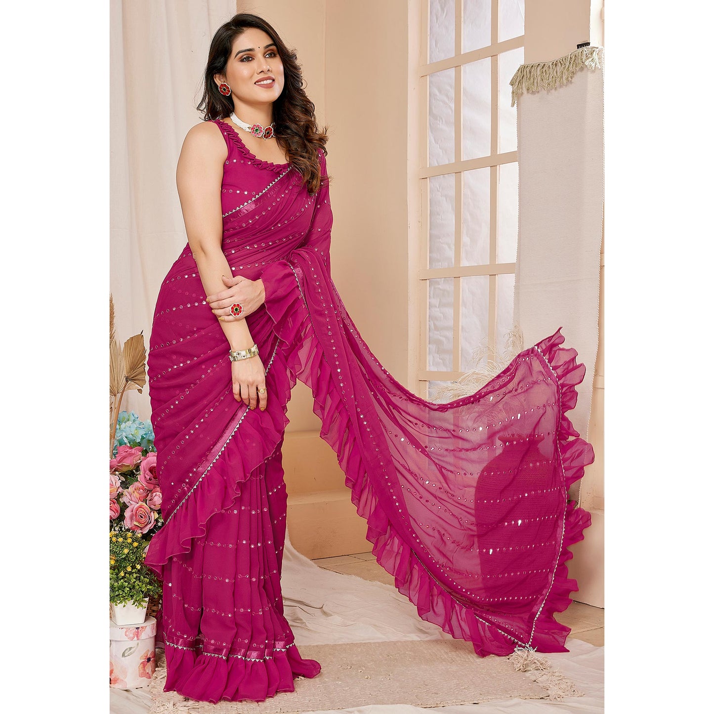 Pink Embroidered Georgette Ruffle Saree