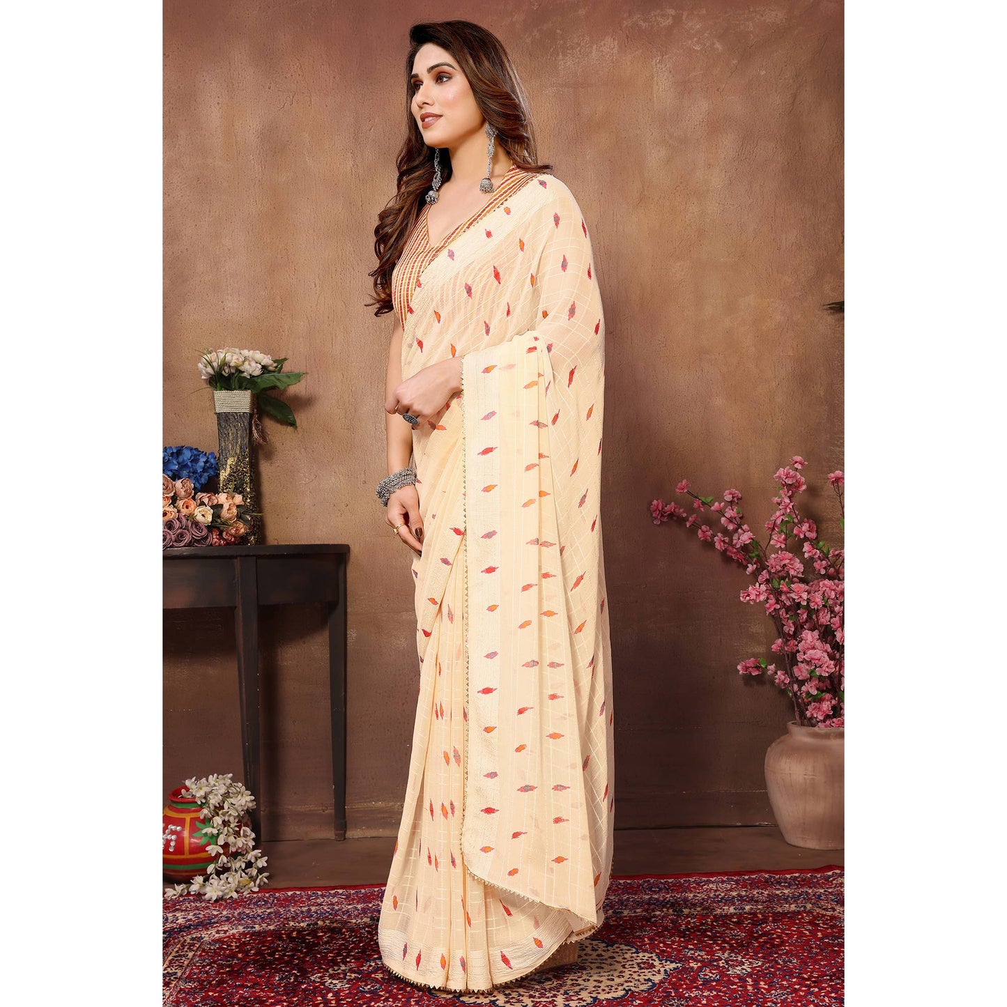 Light Peach Woven With Printed Ready To Wear Georgette Saree