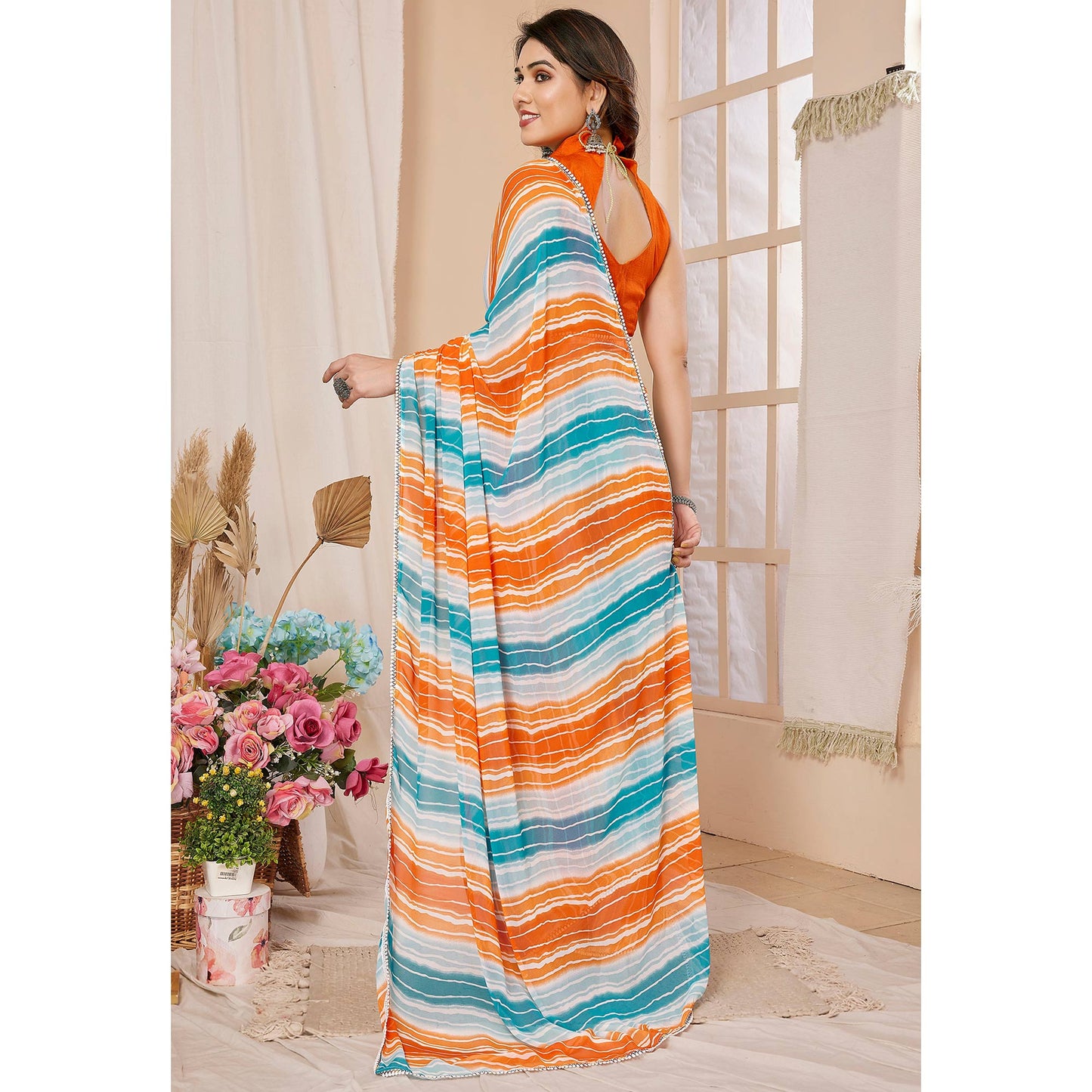 Orange & Sky Blue Printed Ready To Wear Georgette Saree