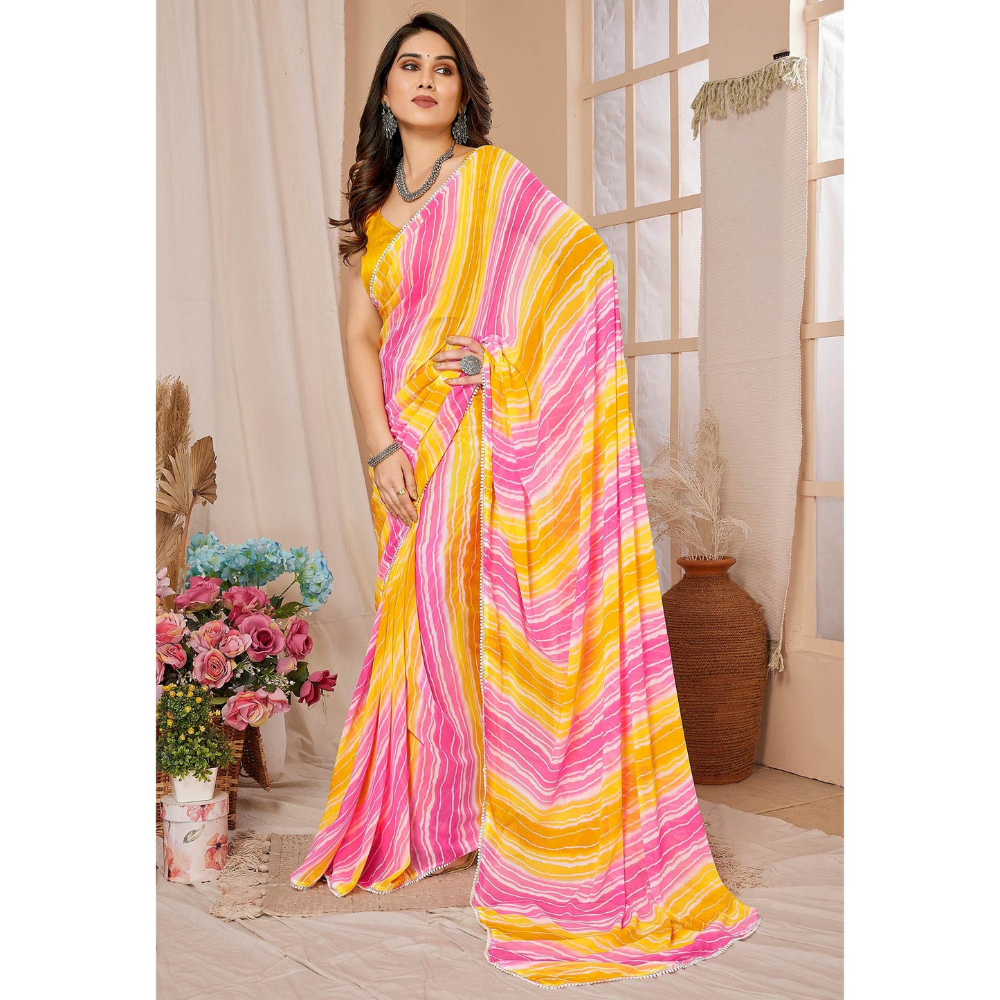 Yellow & Pink Printed Ready To Wear Georgette Saree