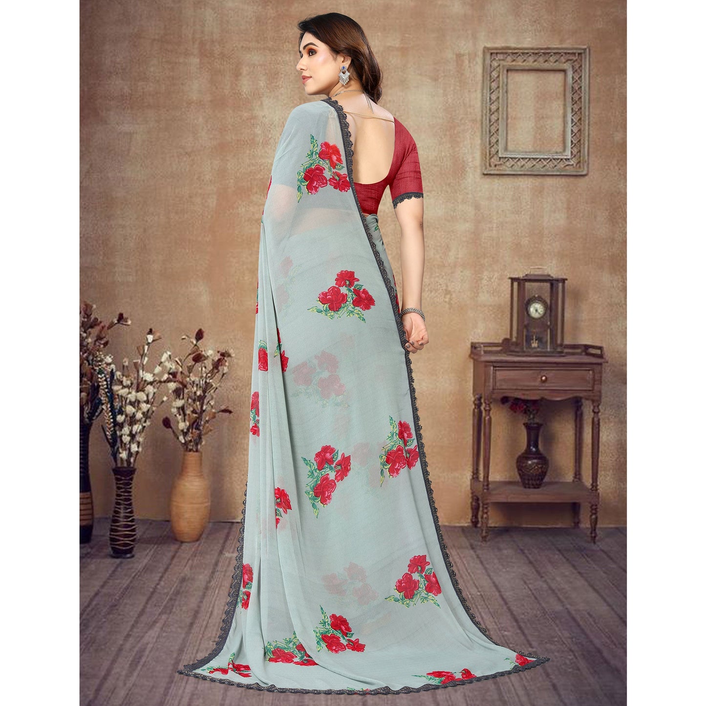 Grey Floral Printed Georgette Saree With Lace Border