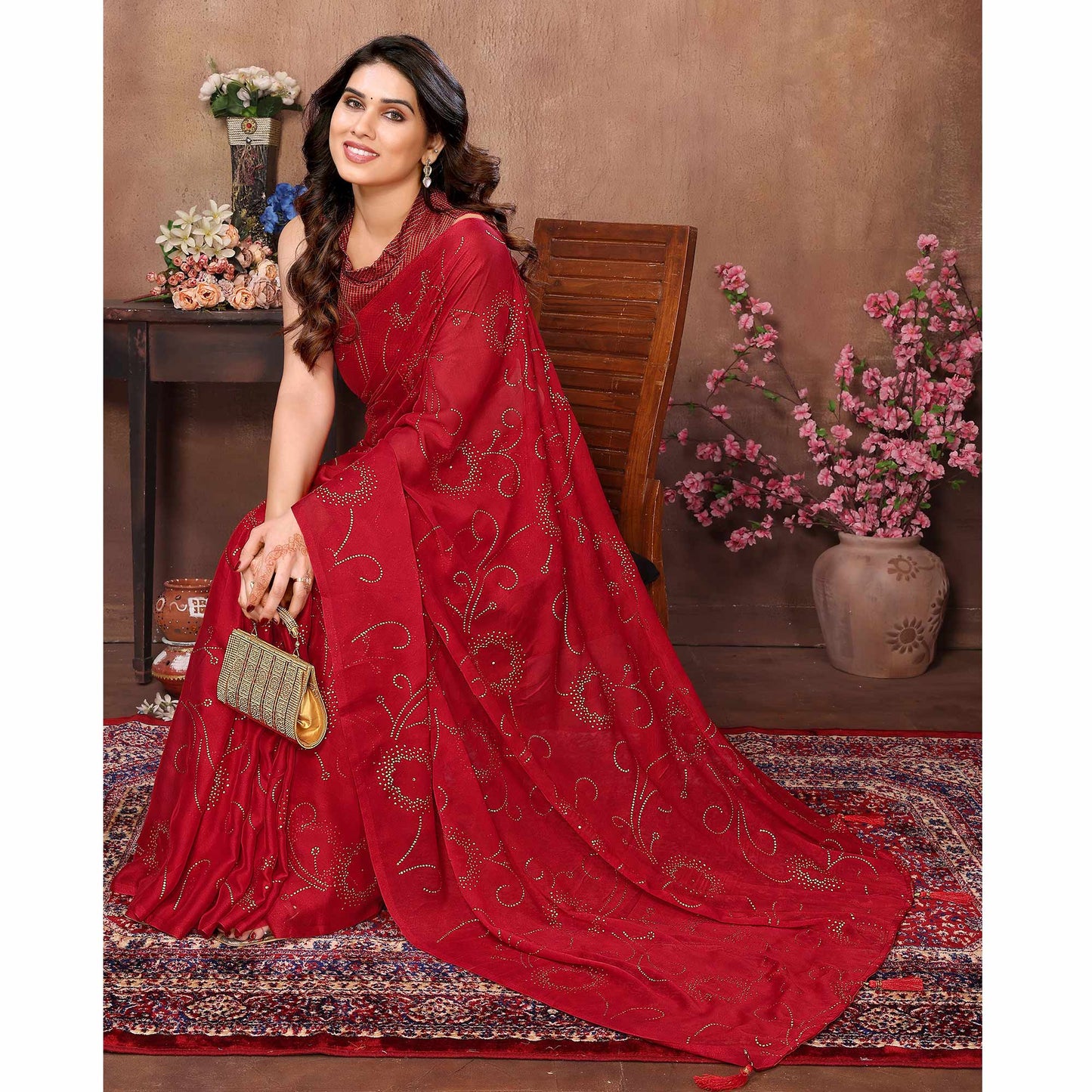 Red Mukaish Work Silk Saree With Tassels