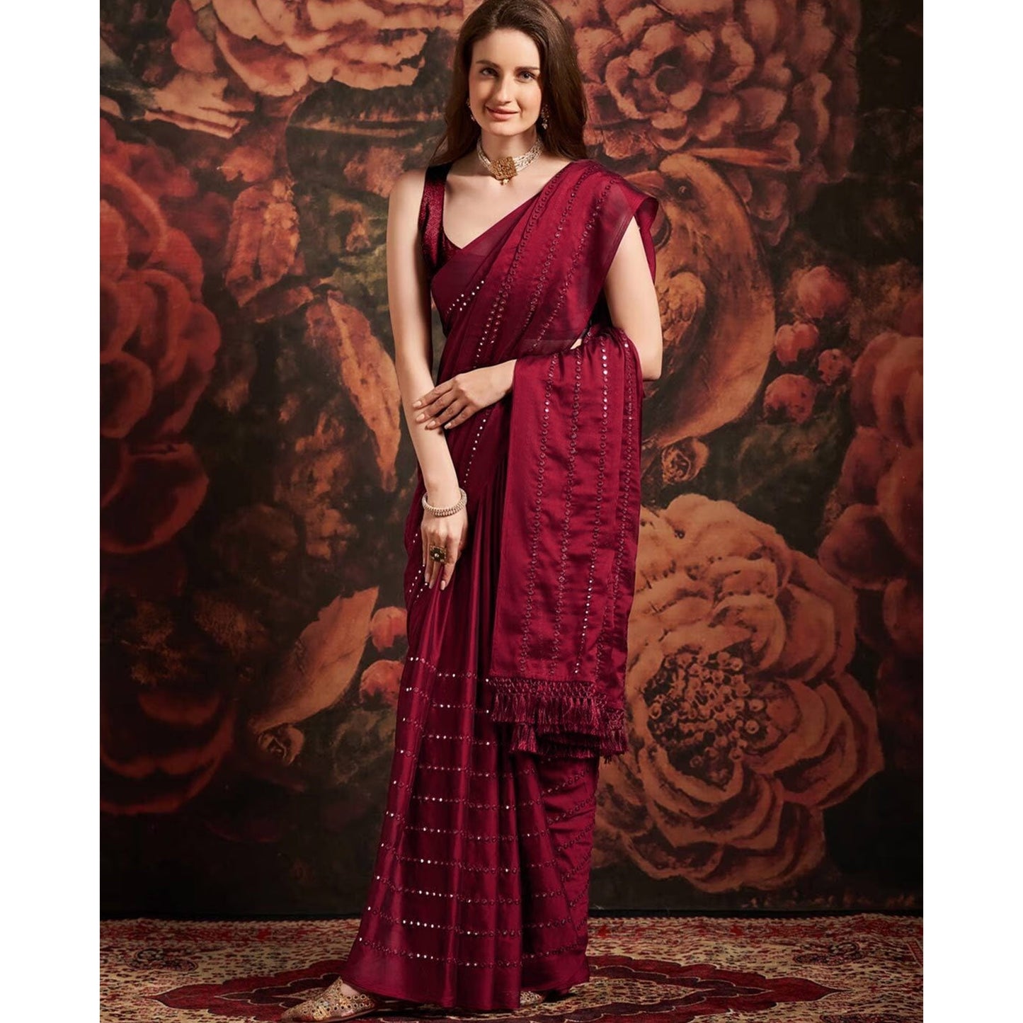 Maroon Embroidered Art Silk Saree