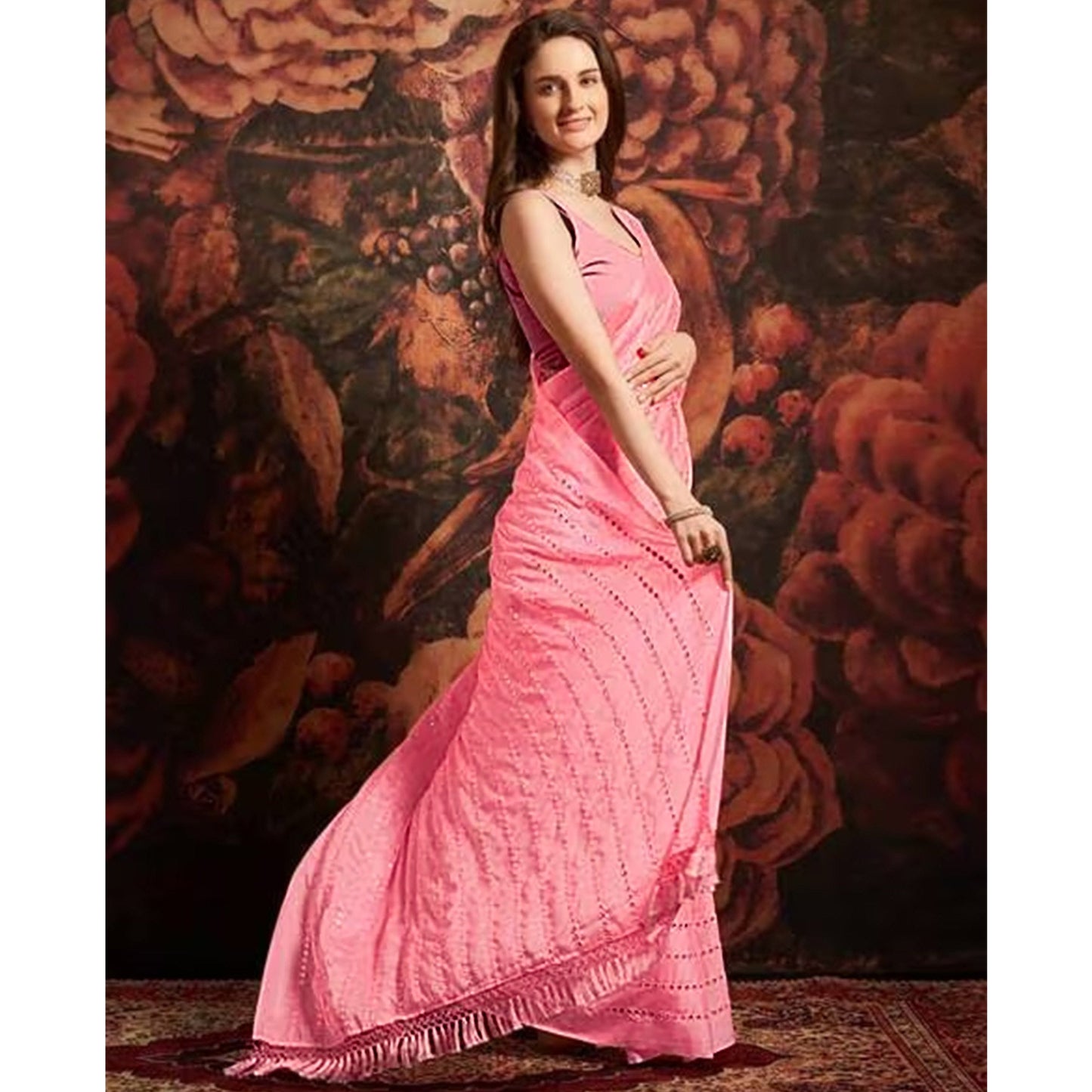 Pink Embroidered Art Silk Saree