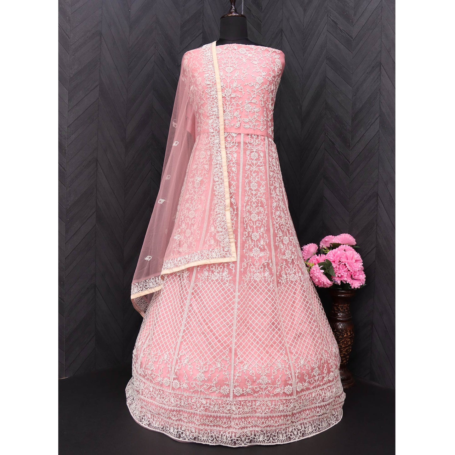 Pink Floral Embroidered Net Semi Stitched Anarkali Suit