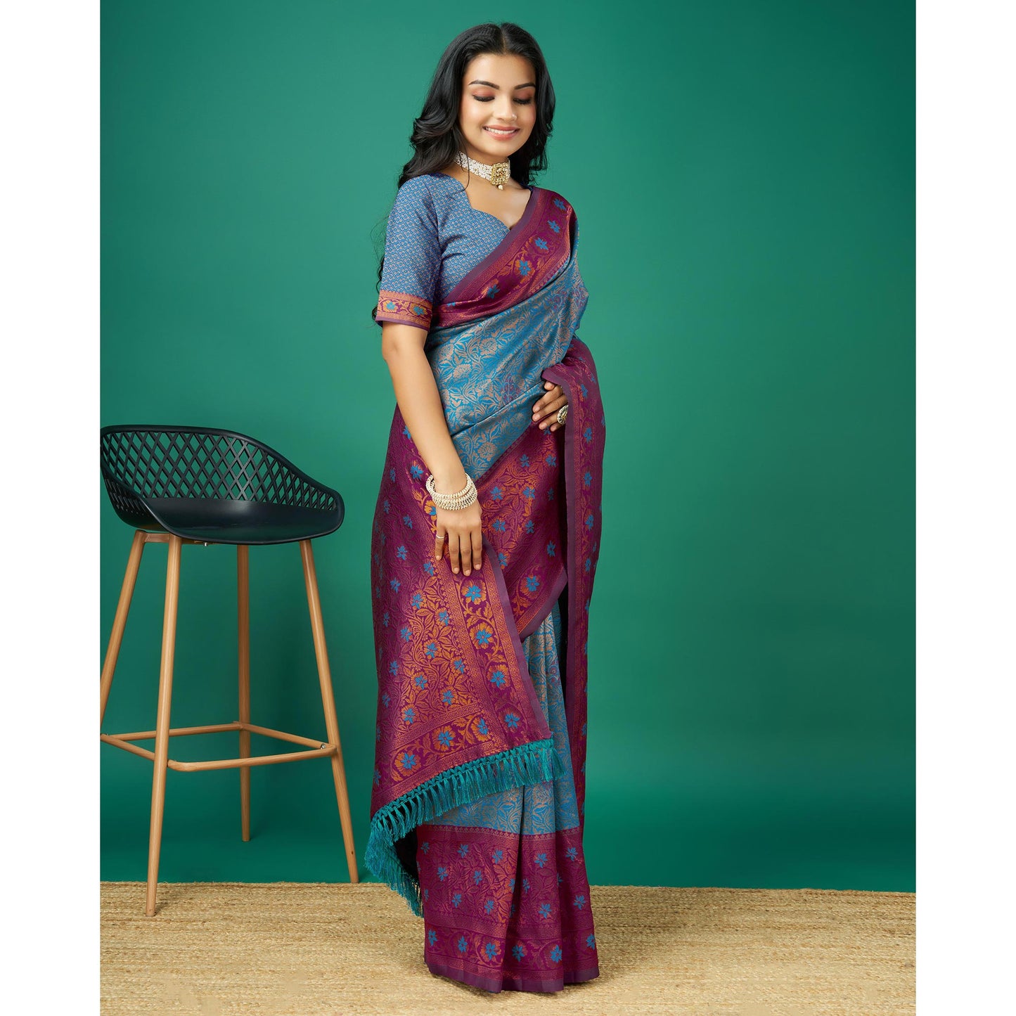 Blue Zari Woven Banarasi Silk Saree With Tassels