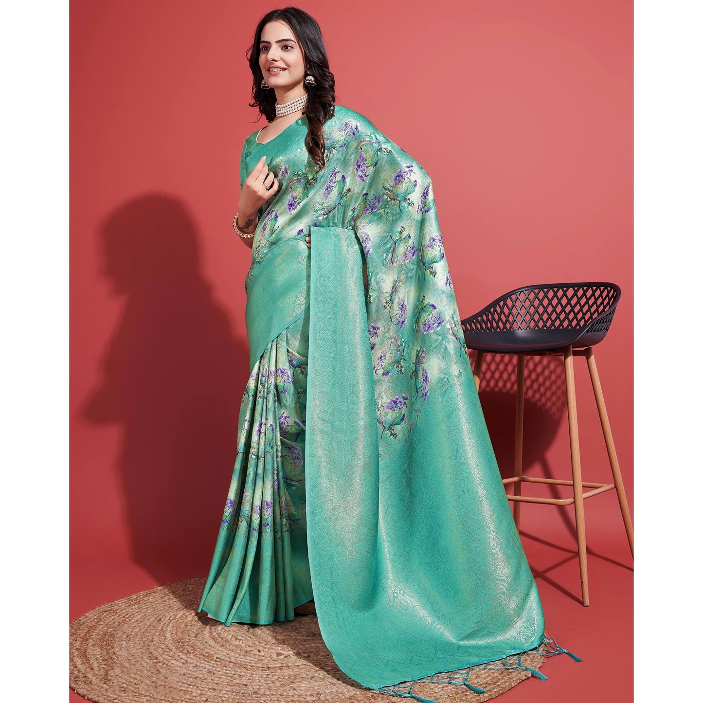 Turquoise Floral Digital Printed With Woven Border Banarasi Silk Saree