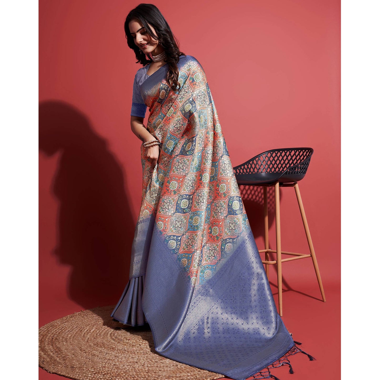 Navy Blue Floral Digital Printed With Woven Border Banarasi Silk Saree