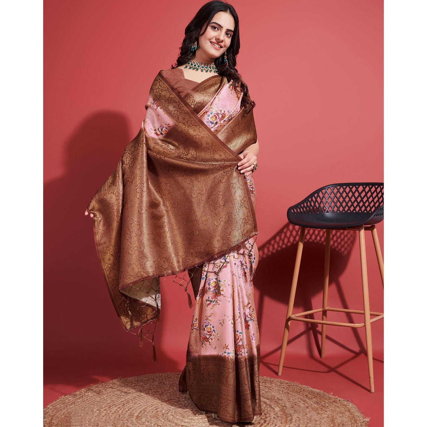 Brown & Peach Floral Digital Printed With Woven Banarasi Silk Saree