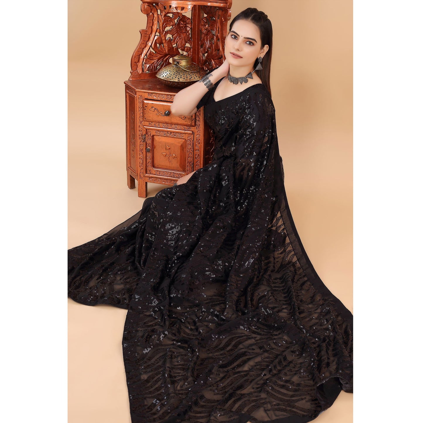 Black Sequins Embroidered Georgette Saree