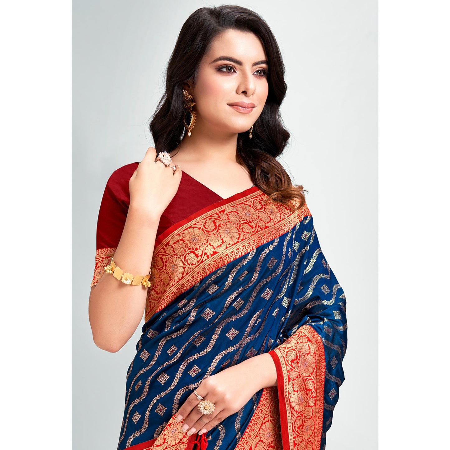 Navy Blue Woven Banarasi Silk Saree With Tassels