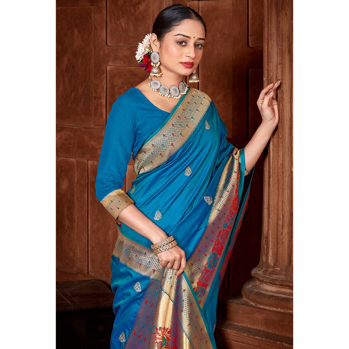 Blue Woven Paithani Banarasi Silk Saree With Tassels