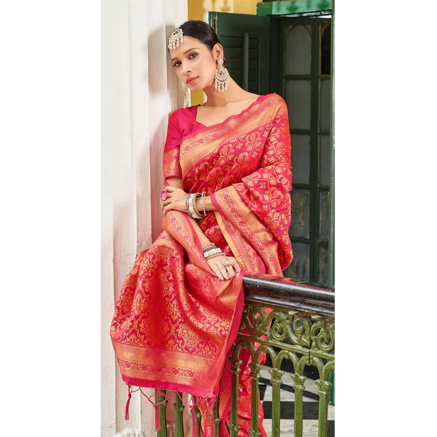 Magenta Floral Woven Banarasi Silk Saree With Tassels