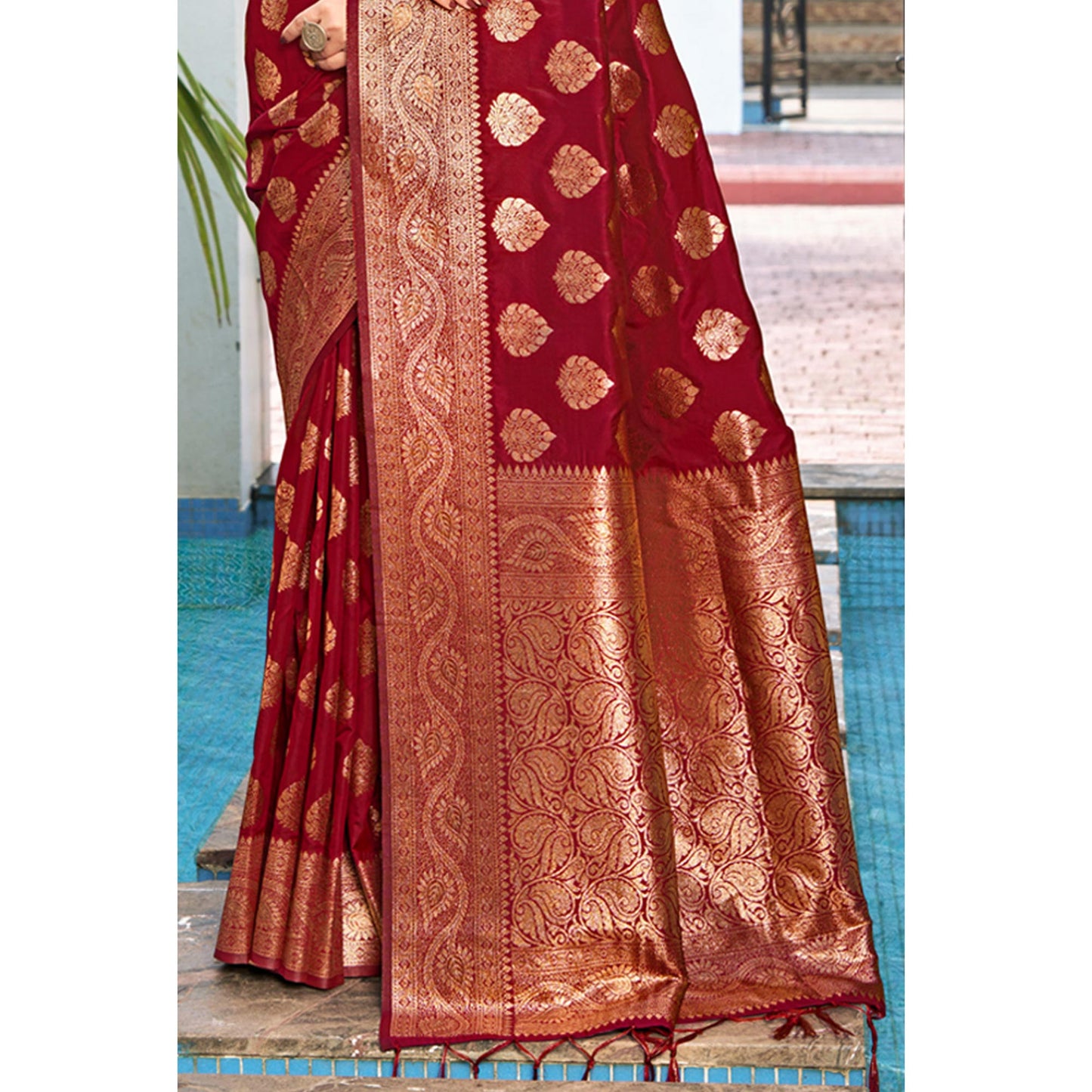 Maroon Floral Woven Banarasi Silk Saree