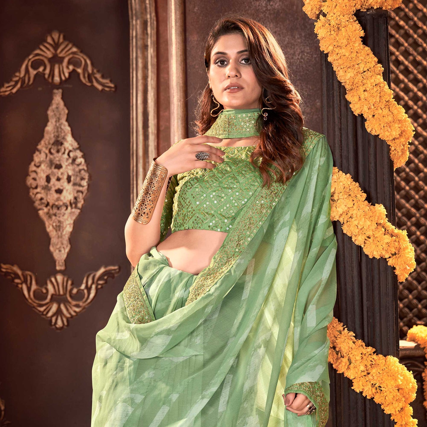 Pista Green Striped Printed Georgette Saree